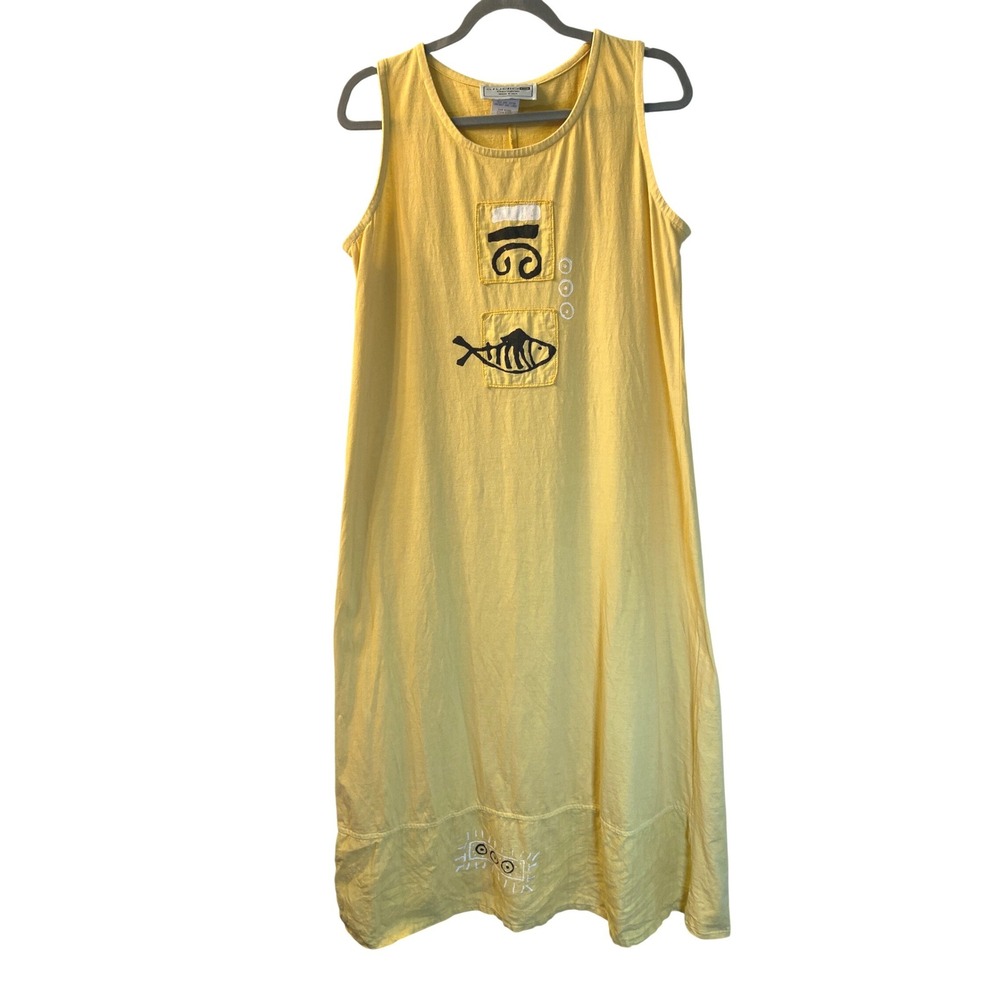 Studio G Genuine Yellow Cotton Linen Fish Embroidered Midi Dress Medium S10822